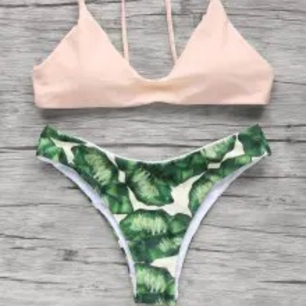 Pink and Tropical  Leaf Bikini Set